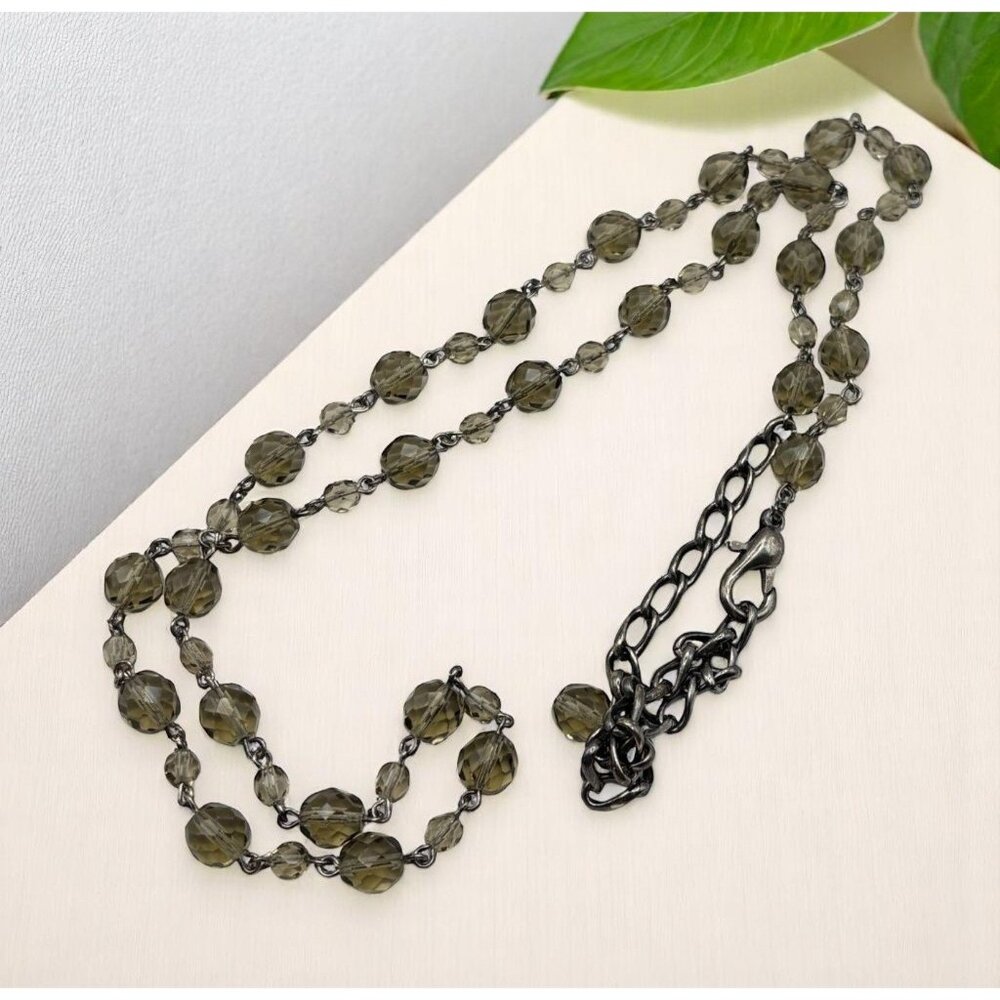 Long Faux Smoky Quartz Beaded Necklace Silver Tone Chain Faceted Beads